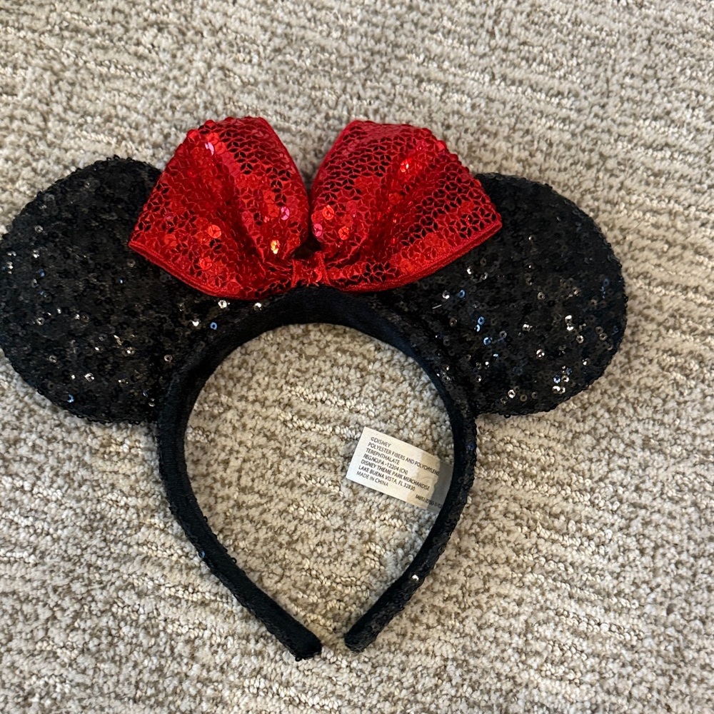 Sequin Mouse Ears Headband with Red Bow